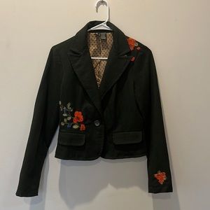 Forest Green herringbone tweed mid waist jacket with embroidered flowers